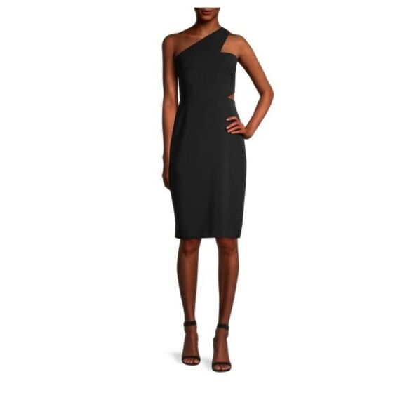 Aidan Mattox Womans Crepe Midi Dress One Shoulder Size US 14 Black cut out NWT - Picture 2 of 7